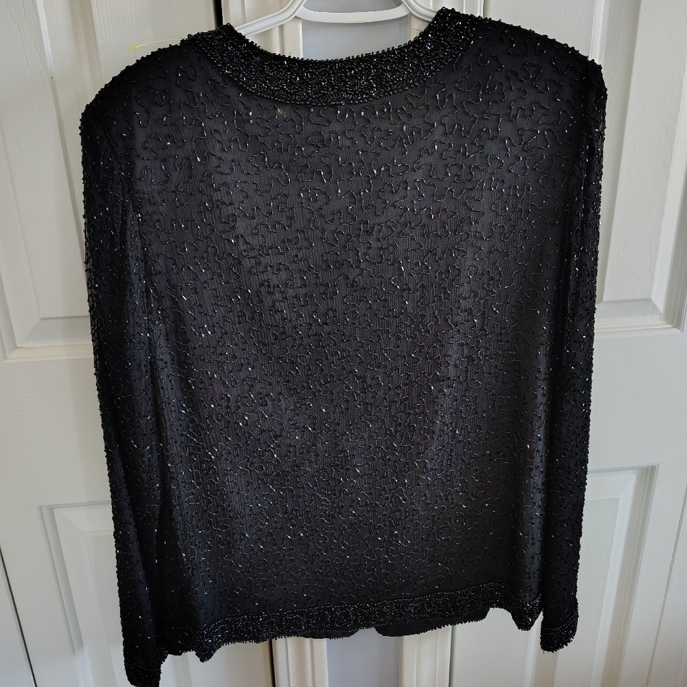 Laurence Kazar Black Beaded Cocktail Jacket VIntage Silk M - Picture 5 of 14